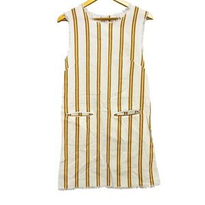 Sancia‎ Dress Womens Small White Mustard Stripe Linen Tencel Shift Sleeveless